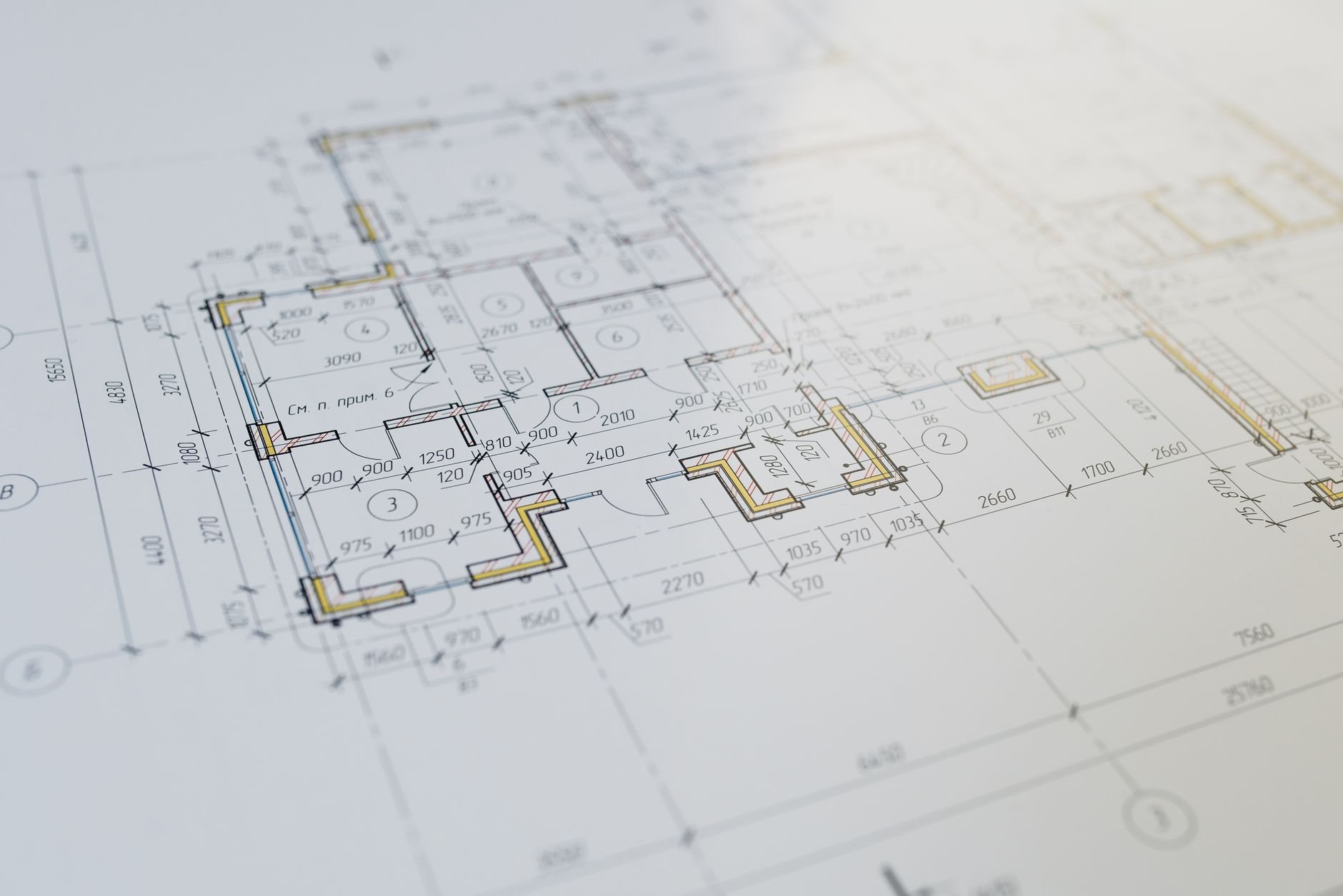 Close-up of structural drawings used to plan concrete wall and footing reinforcement