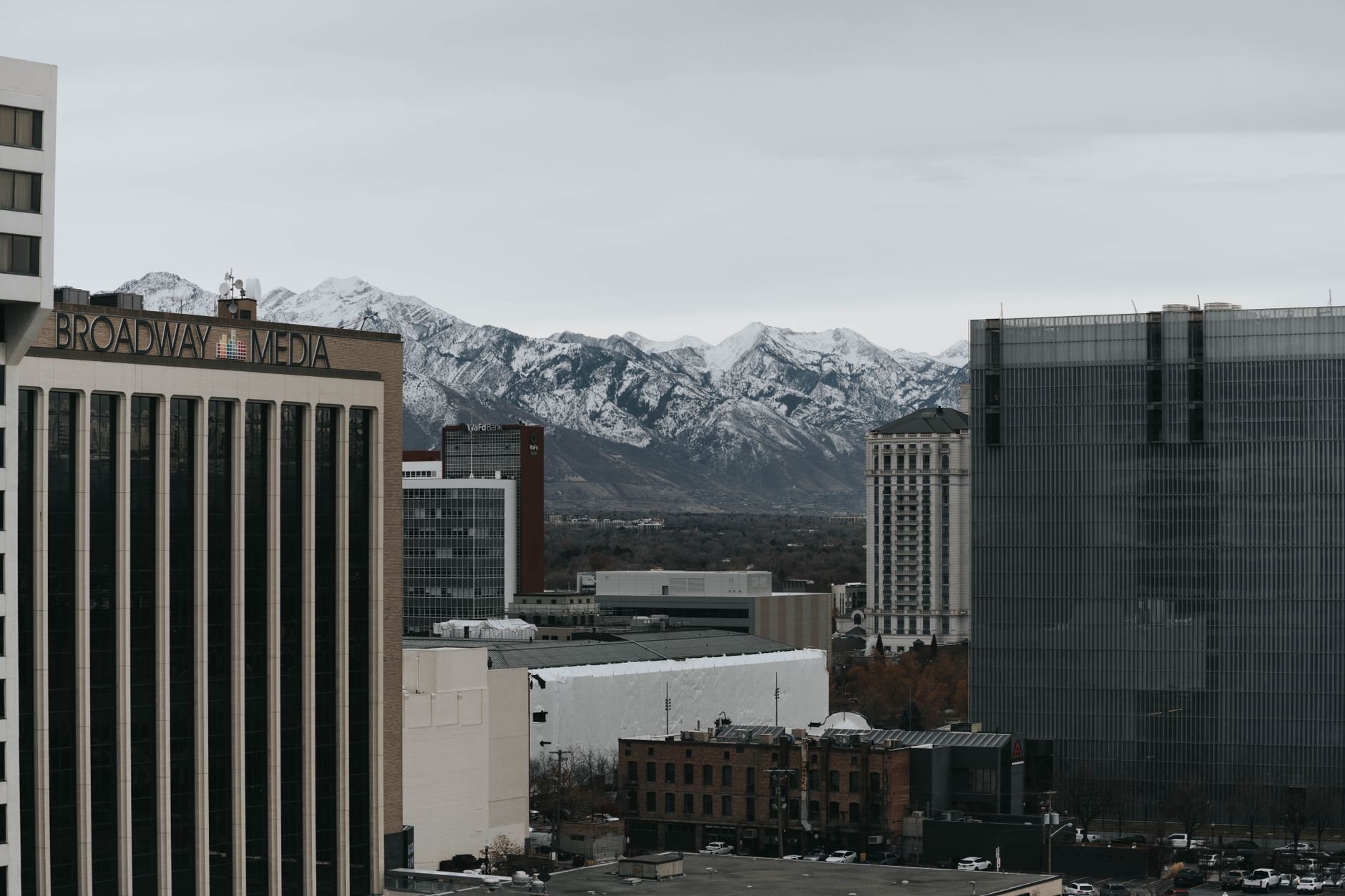 Salt Lake Valley skyline with the Wasatch Range behind, north of Midvale