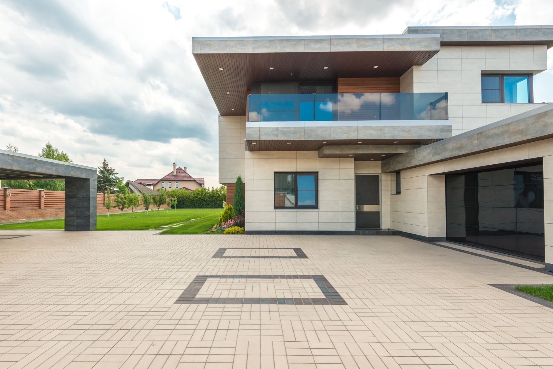 Stamped concrete patio with a stone pattern and contrasting release-agent color