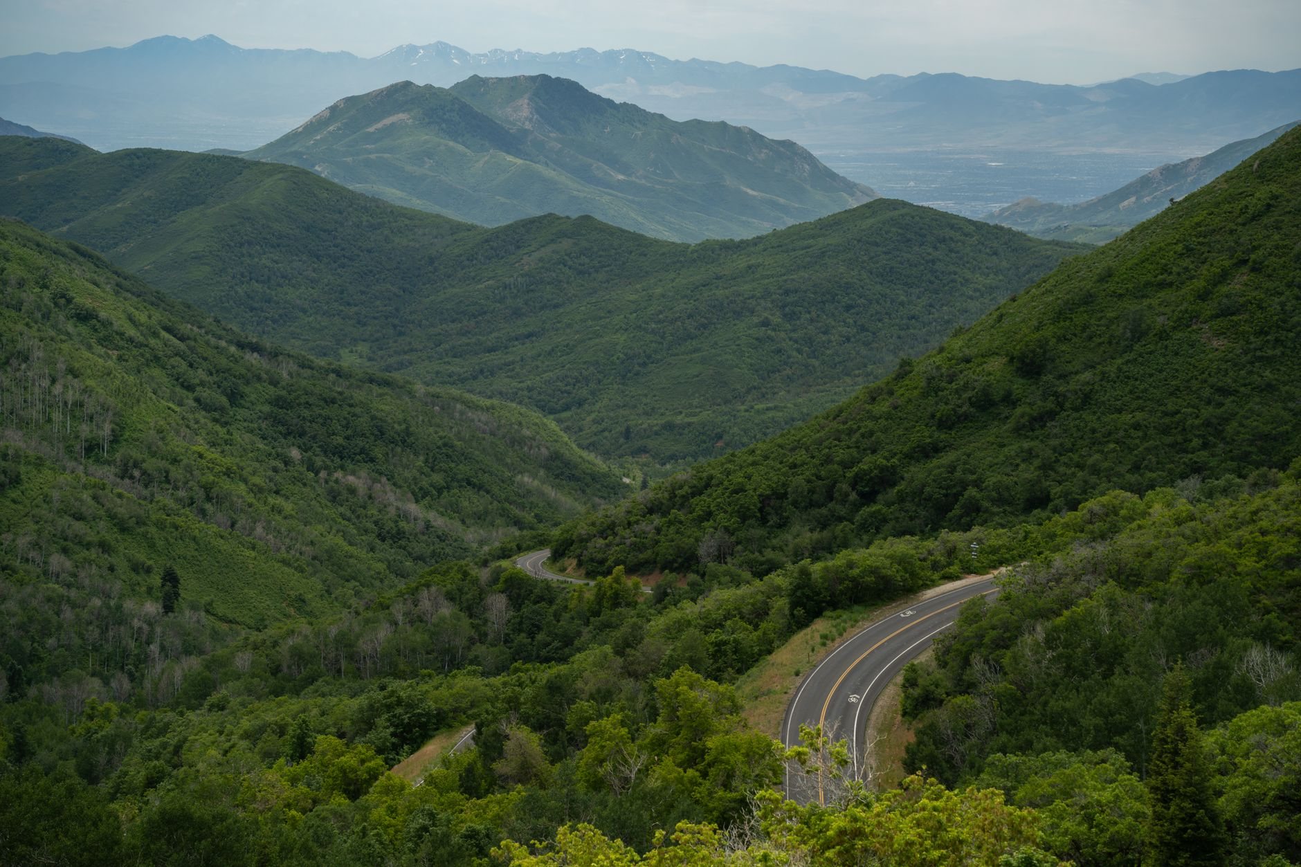 Aerial view of a winding road through the Wasatch mountains near Salt Lake City, Utah