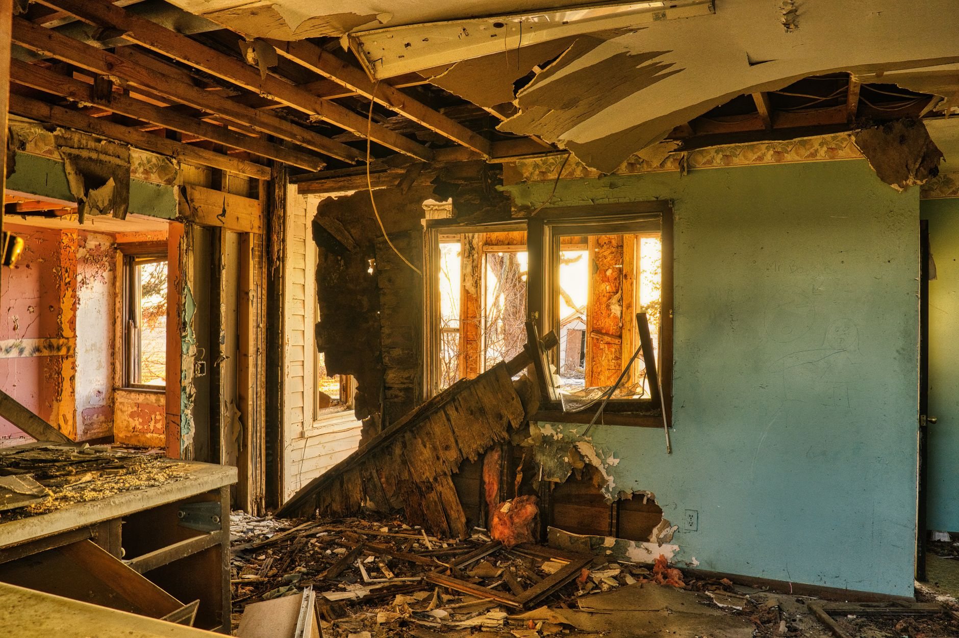 Interior water damage being repaired