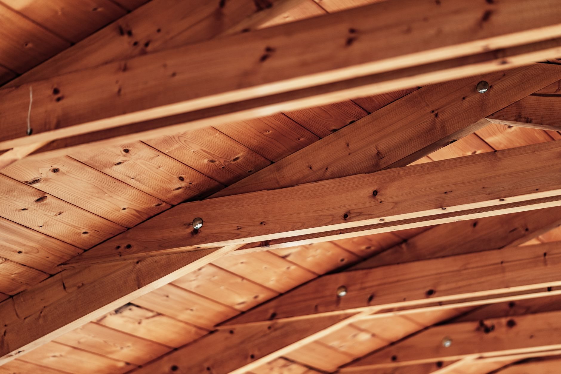 Exposed wood beam ceiling with natural tongue-and-groove planking